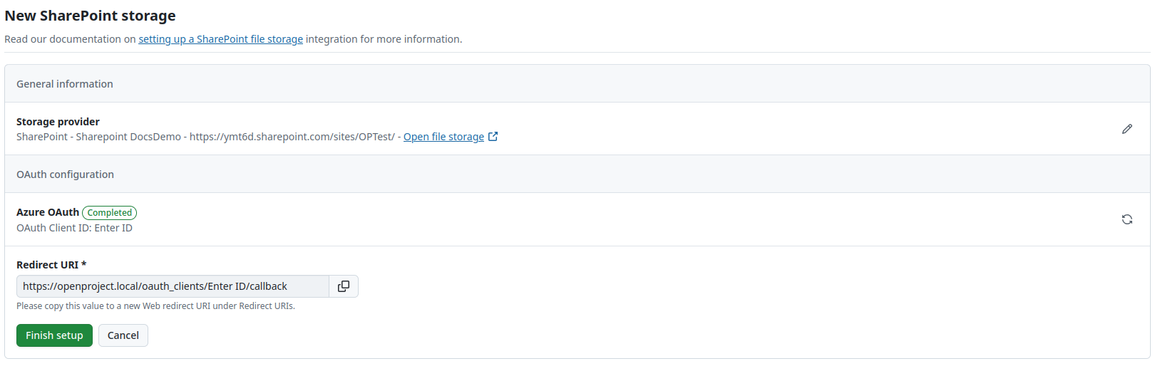 Redirect URI details in SharePoint file storage setup in OpenProject