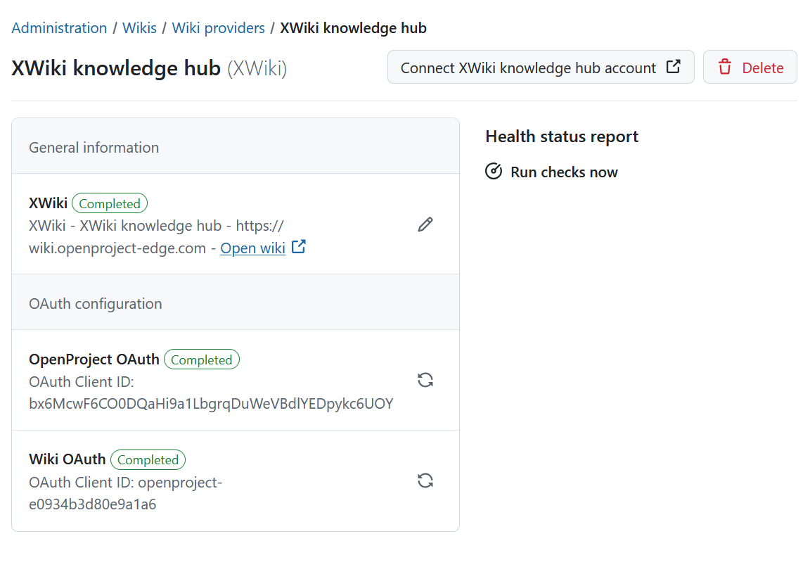 OpenProject administration page showing XWiki provider details page after the integration has been configured