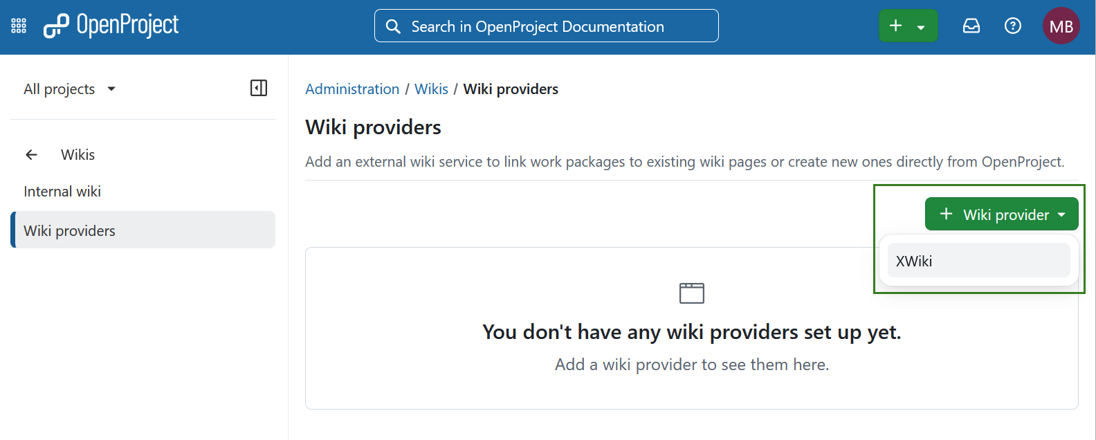 OpenProject Wiki providers page with the “+ Wiki provider” button