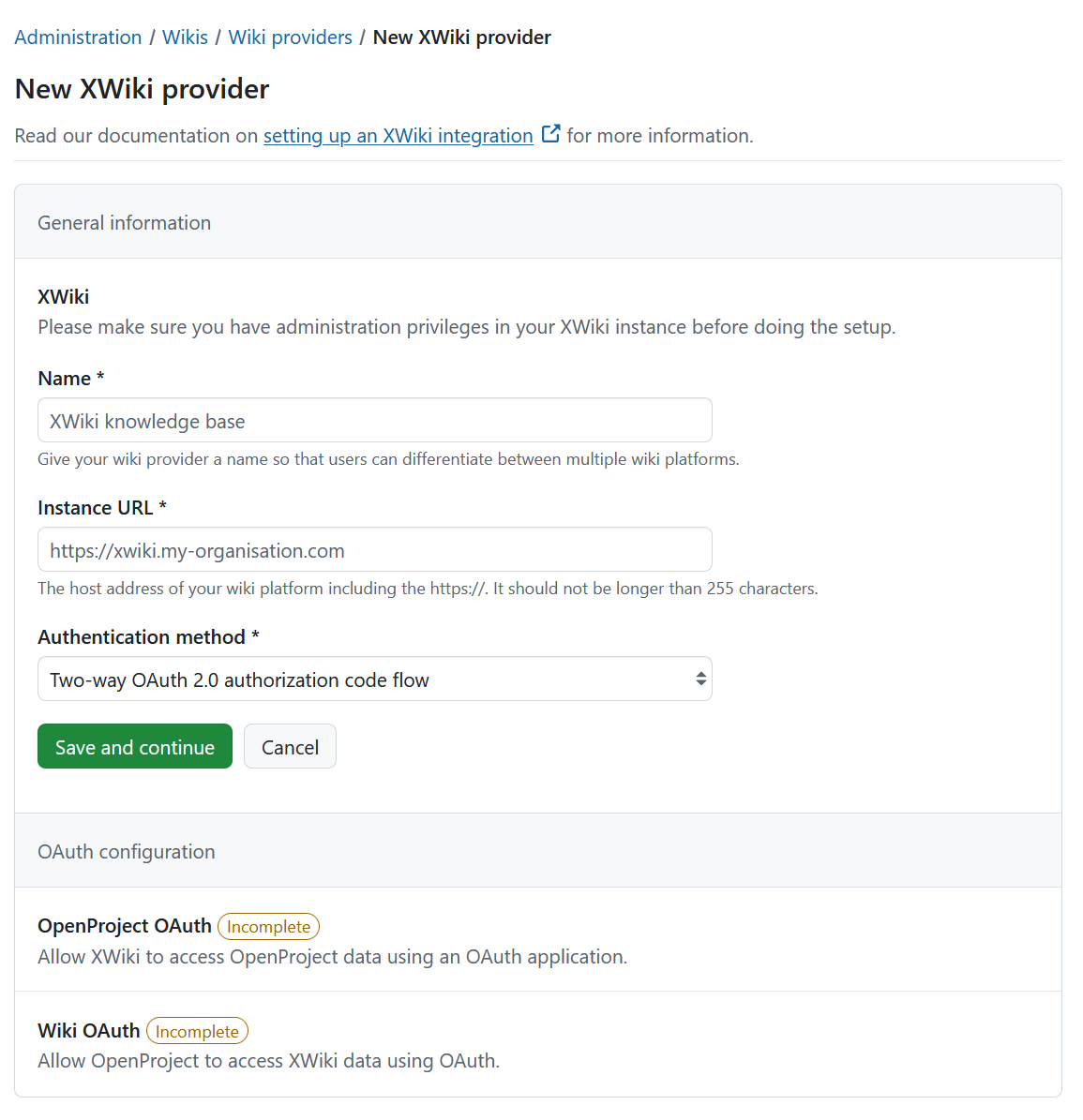 New XWiki provider form showing name, instance URL, and authentication method fields