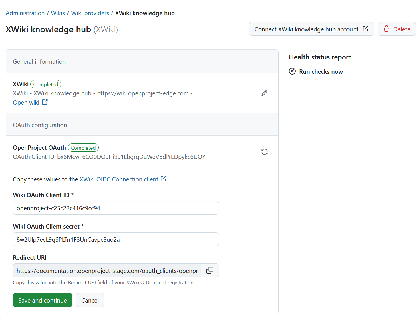 OpenProject administration showing configuration for XWiki OAuth client ID, secret and Redirect URI