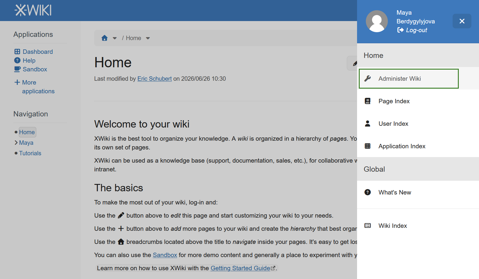 XWiki administration menu with “Administer Wiki” selected