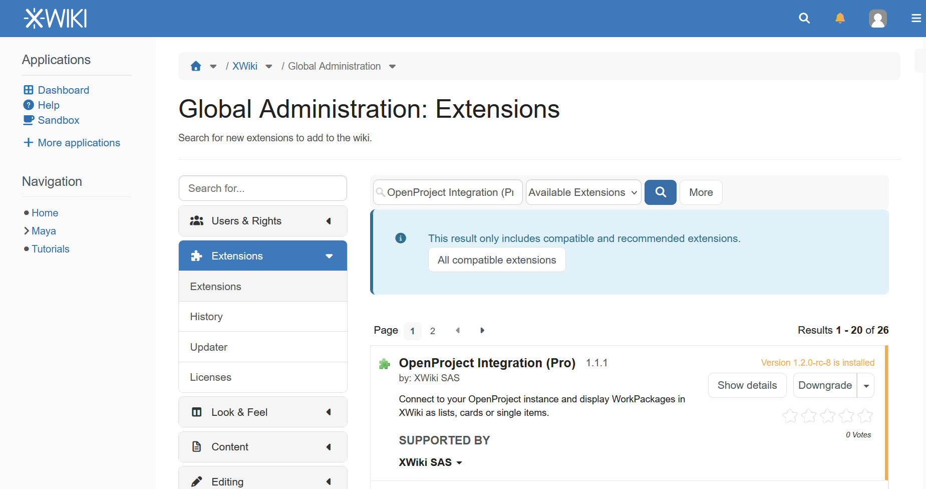 XWiki Extensions page showing the OpenProject Integration (Pro) extension