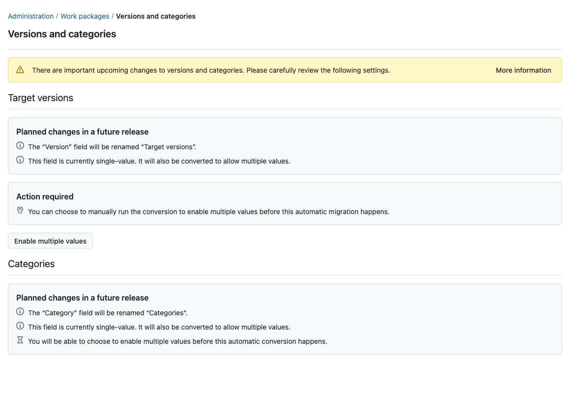 Versions and categories settings page in the action required state