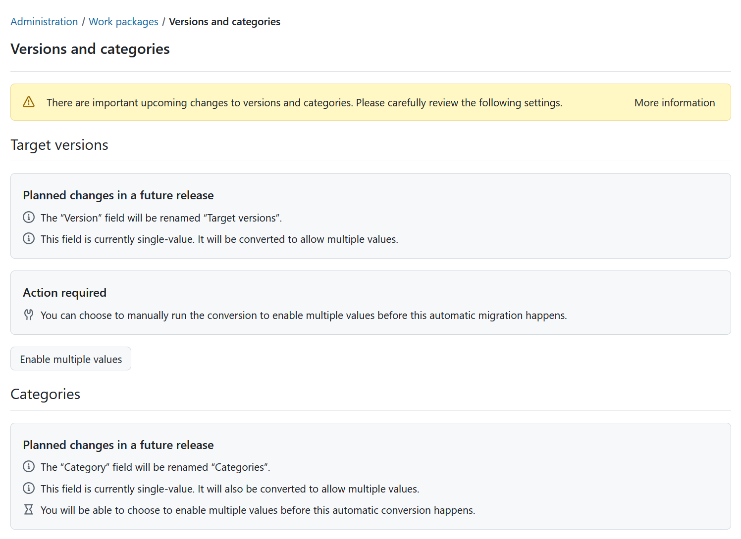 Versions and categories settings page in the action required state