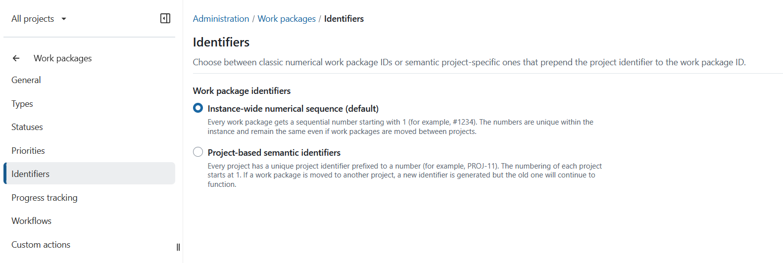 Administration settings for work package identifiers in OpenProject