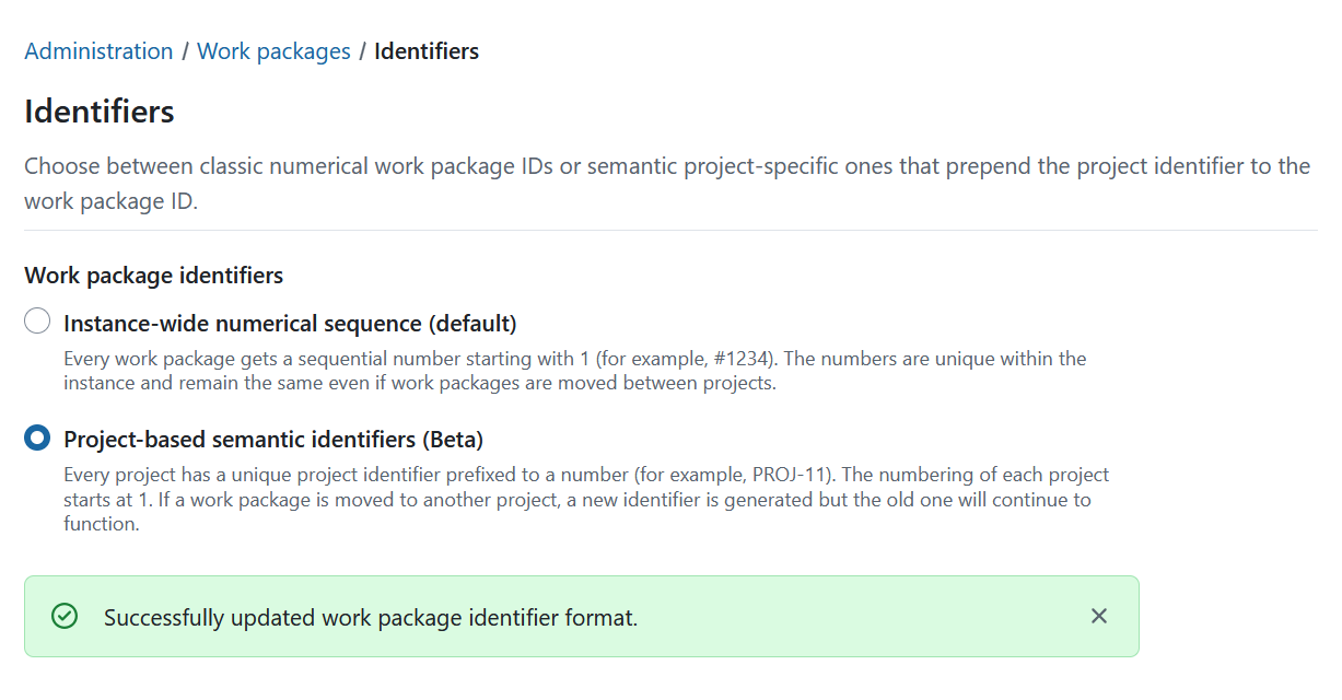 Successful confirmation message after the conversion process when switching from numeric to project-based work package identifiers in OpenProject