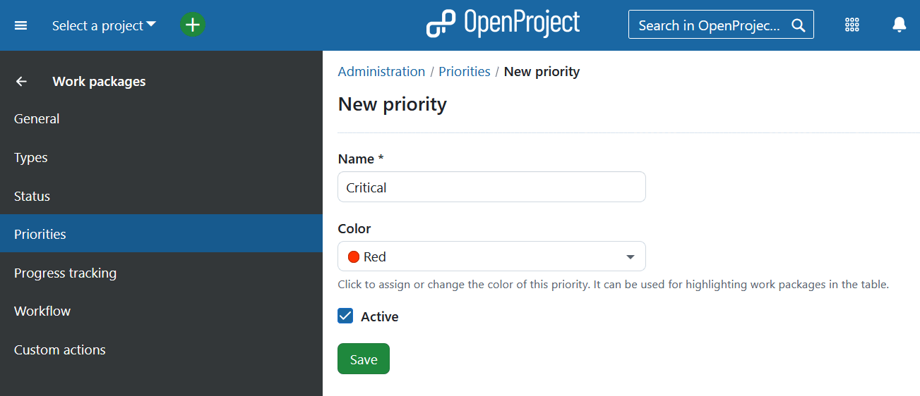 Create new work package priority in OpenProject
