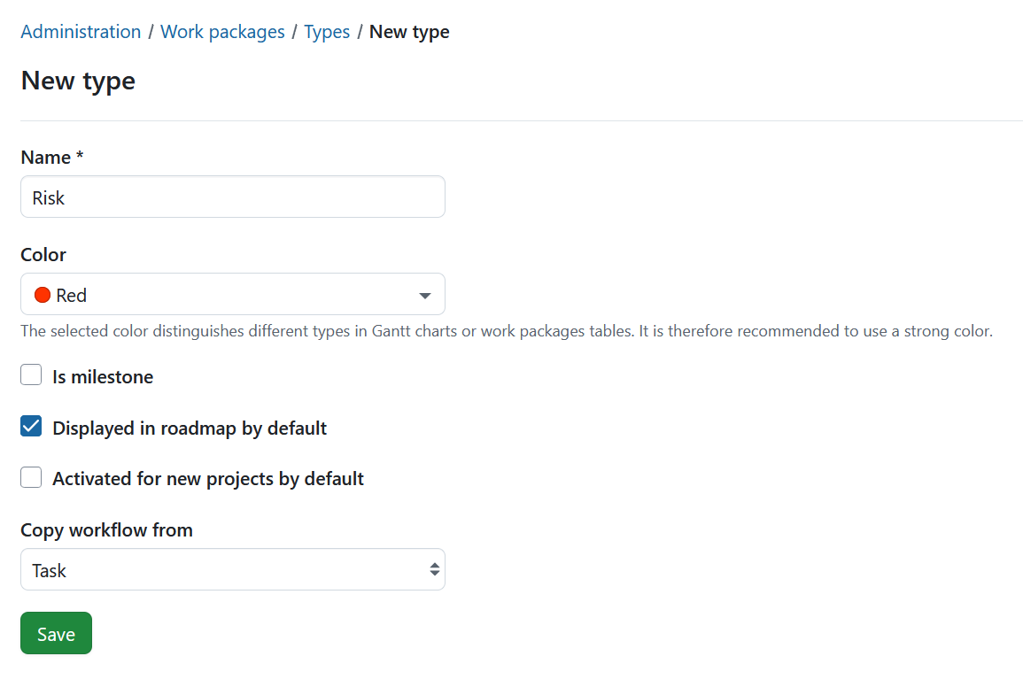 Create a new work package type in OpenProject administration