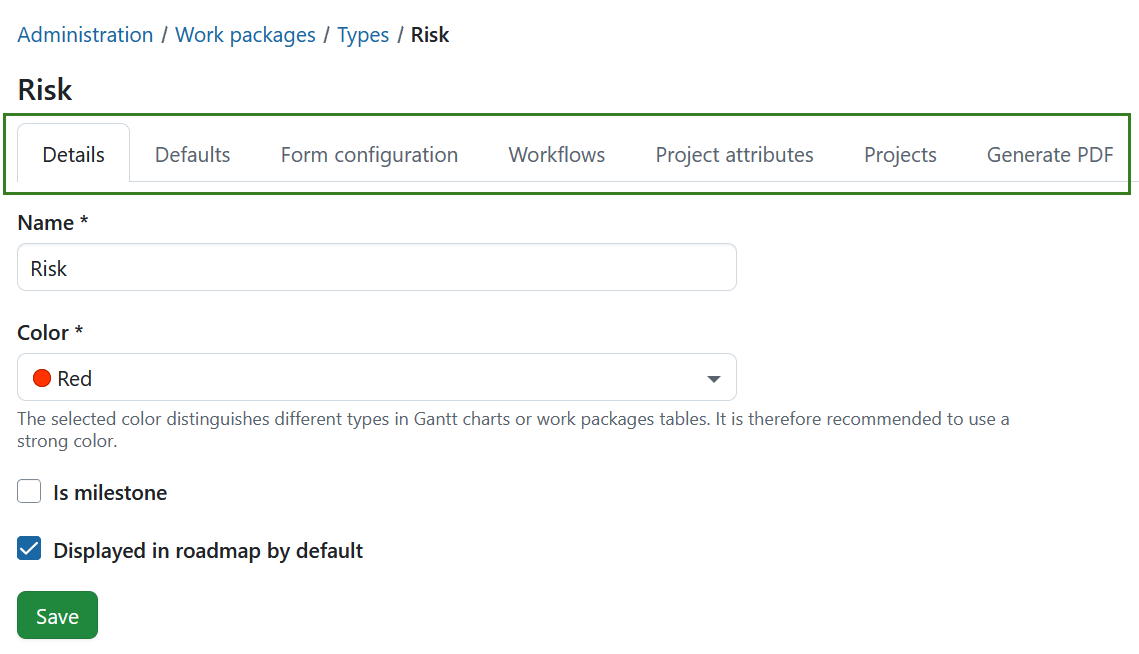 Work package type settings showing the available configuration tabs