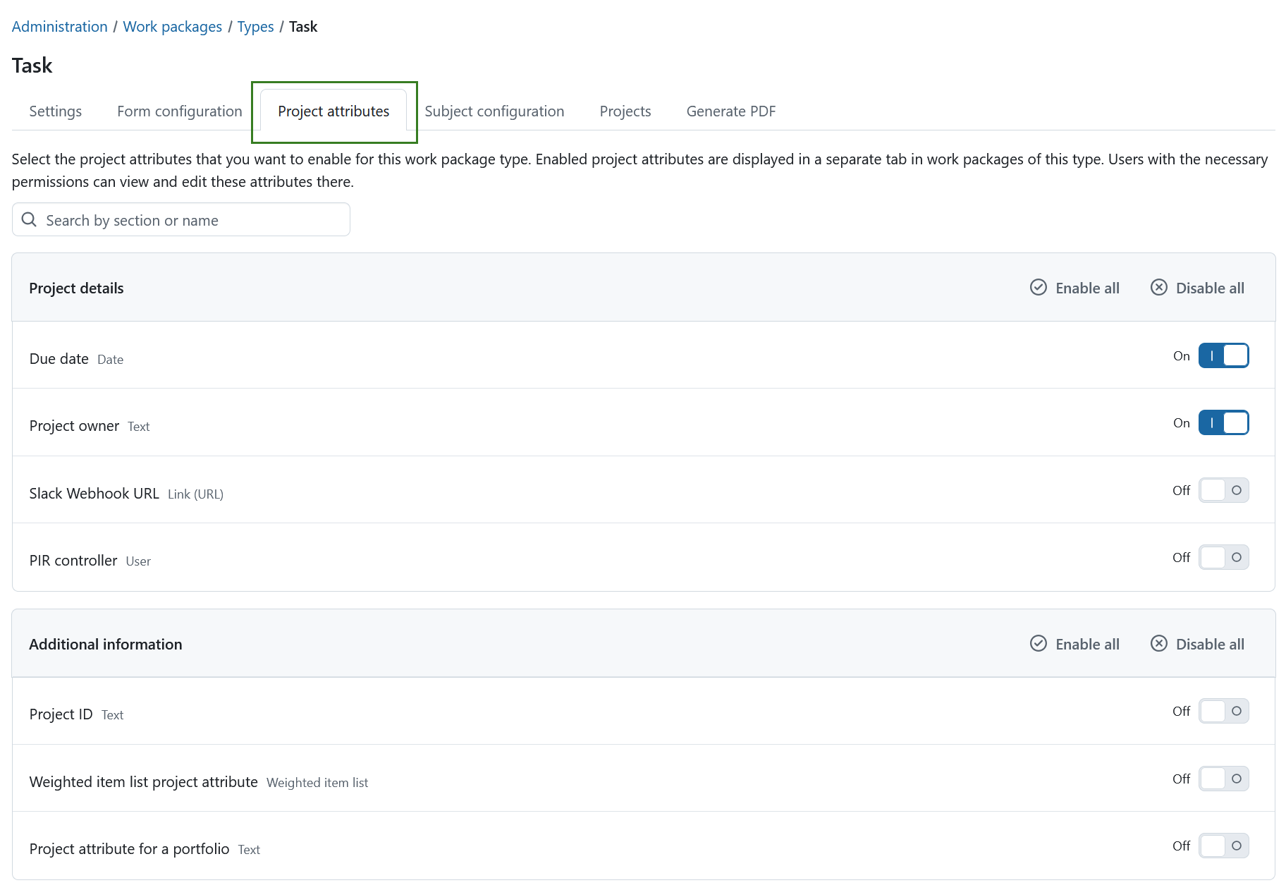Work package settings in OpenProject administration, showing “project attributes” tab