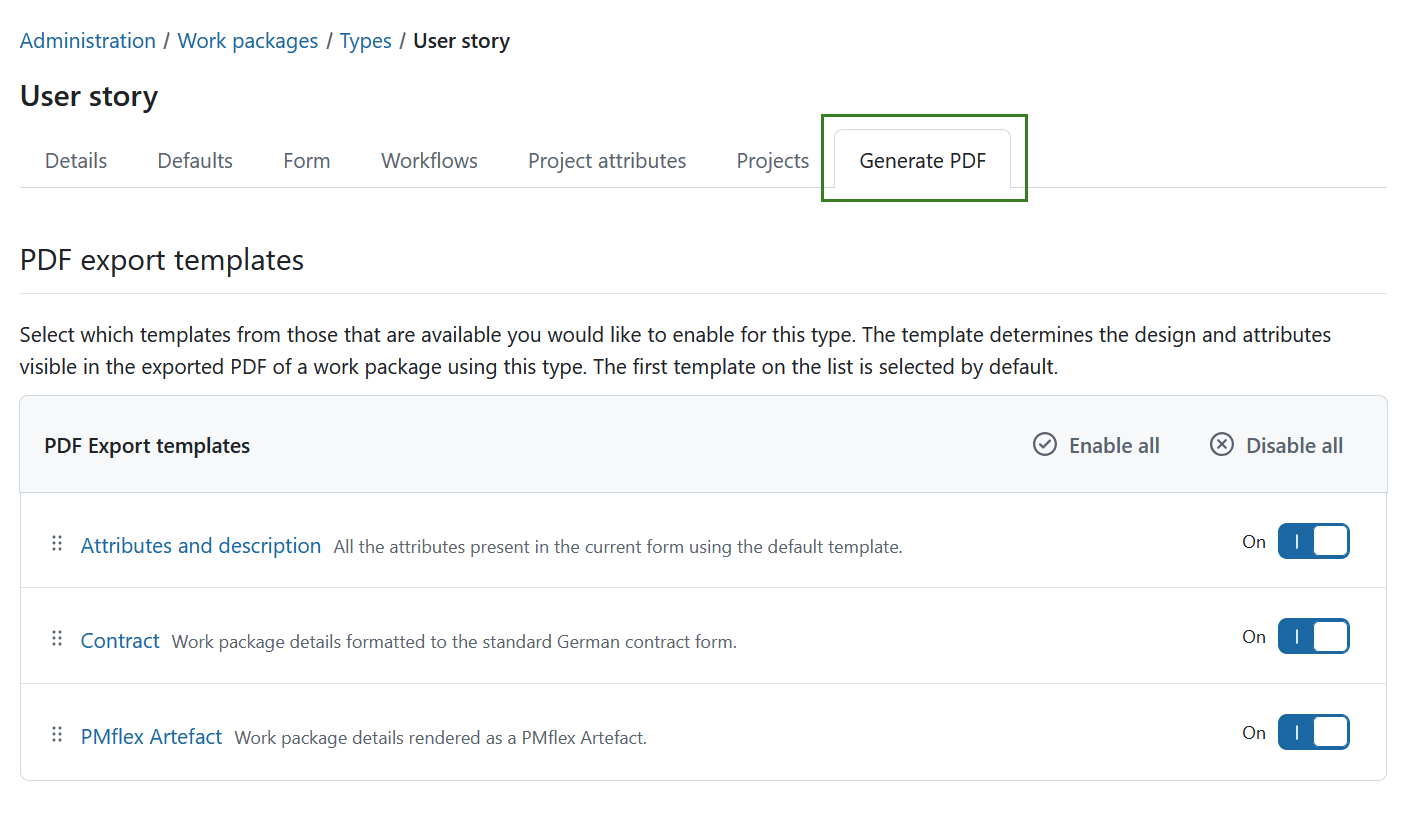 Generate PDF tab under work package types settings in OpenProject administration