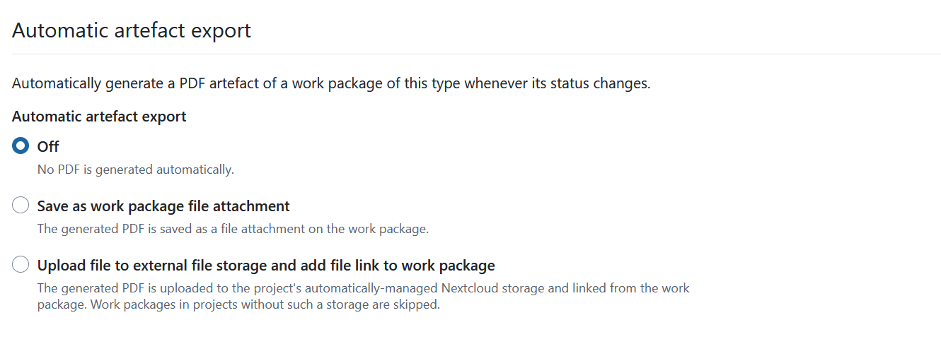 Generate PDF tab under work package types settings in OpenProject administration, showing automatic artefact export options