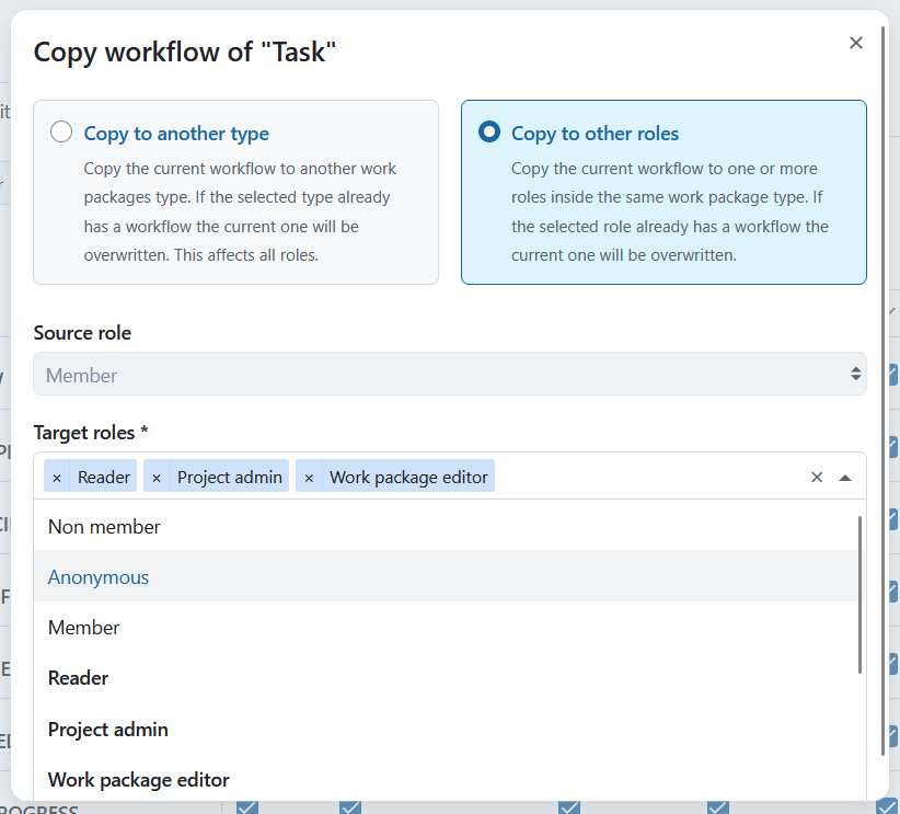Example for copying a work package workflow to other roles in OpenProject administration