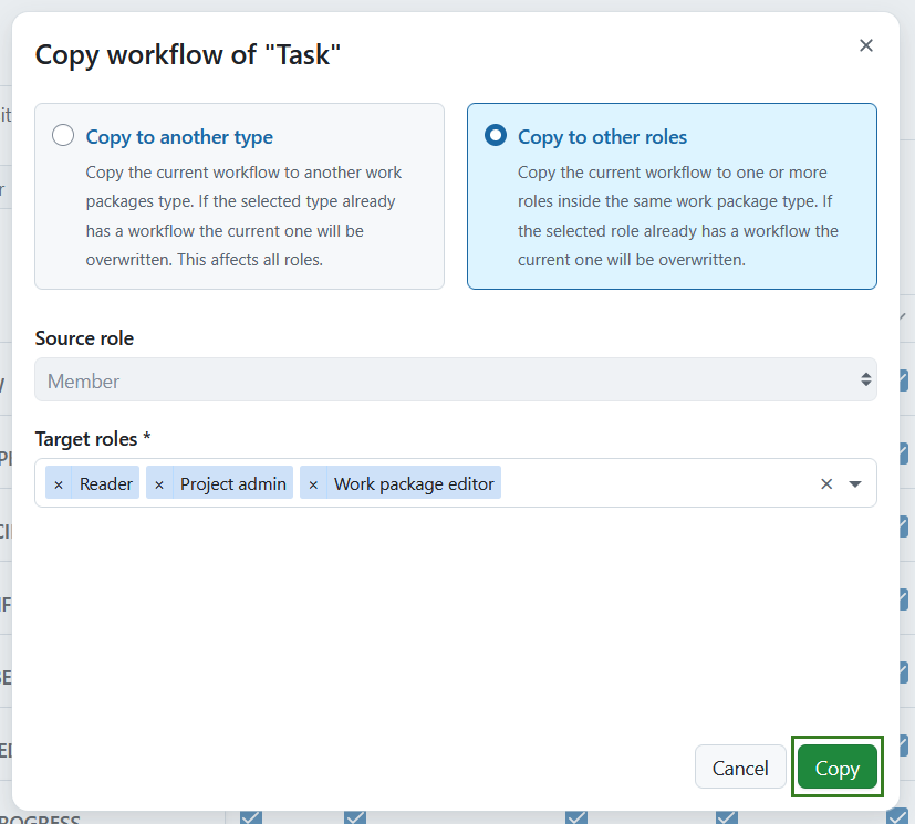 Example for copying a work package workflow in OpenProject administration,copy button highlighted