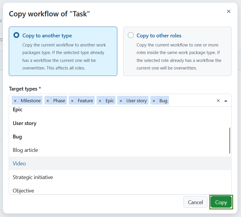 Example for copying a work package workflow from one type to another in OpenProject administration