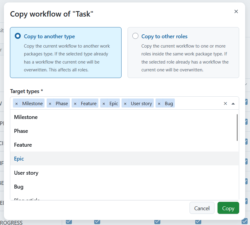 Example for copying a work package workflow in OpenProject administration