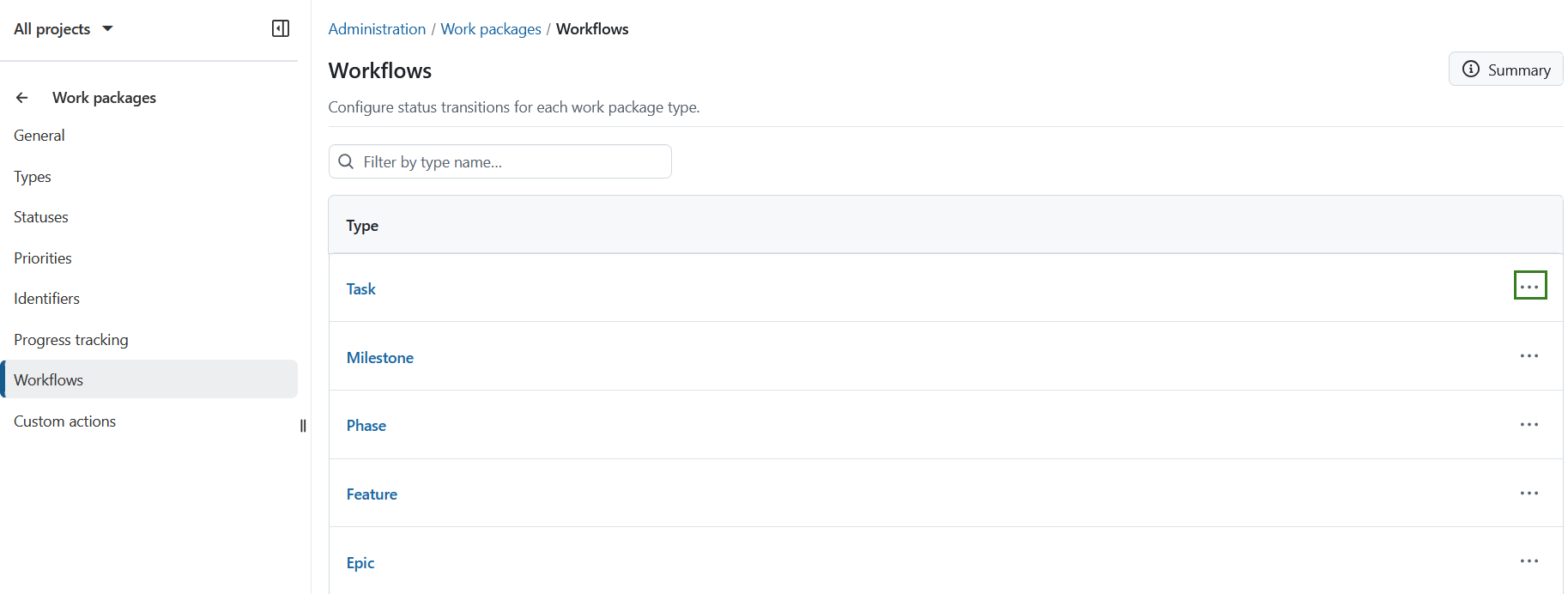List of work packages types under Workflows editing in OpenProject administration