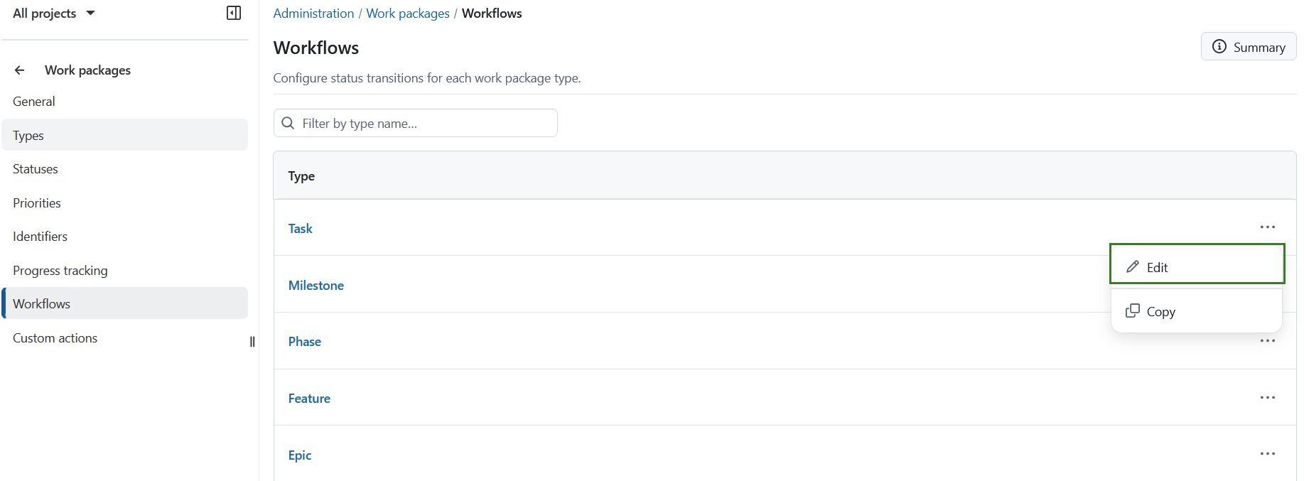 Menu list of work packages types under Workflows editing in OpenProject administration
