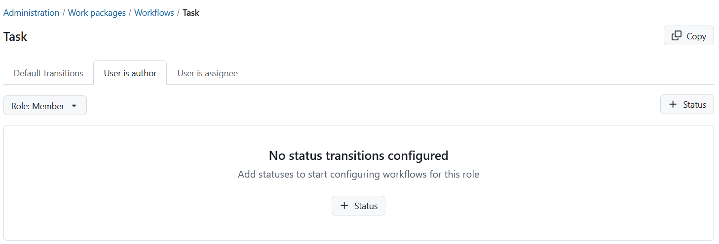 A work package type with unconfigured status transitions workflow in OpenProject administration