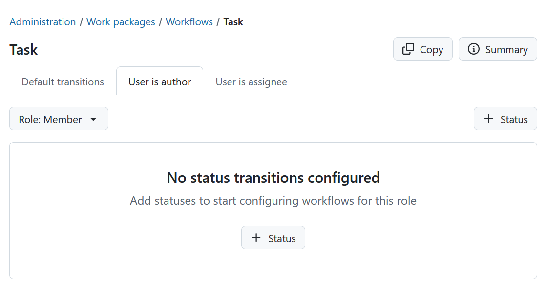 A work package type with unconfigured status transitions workflow in OpenProject administration