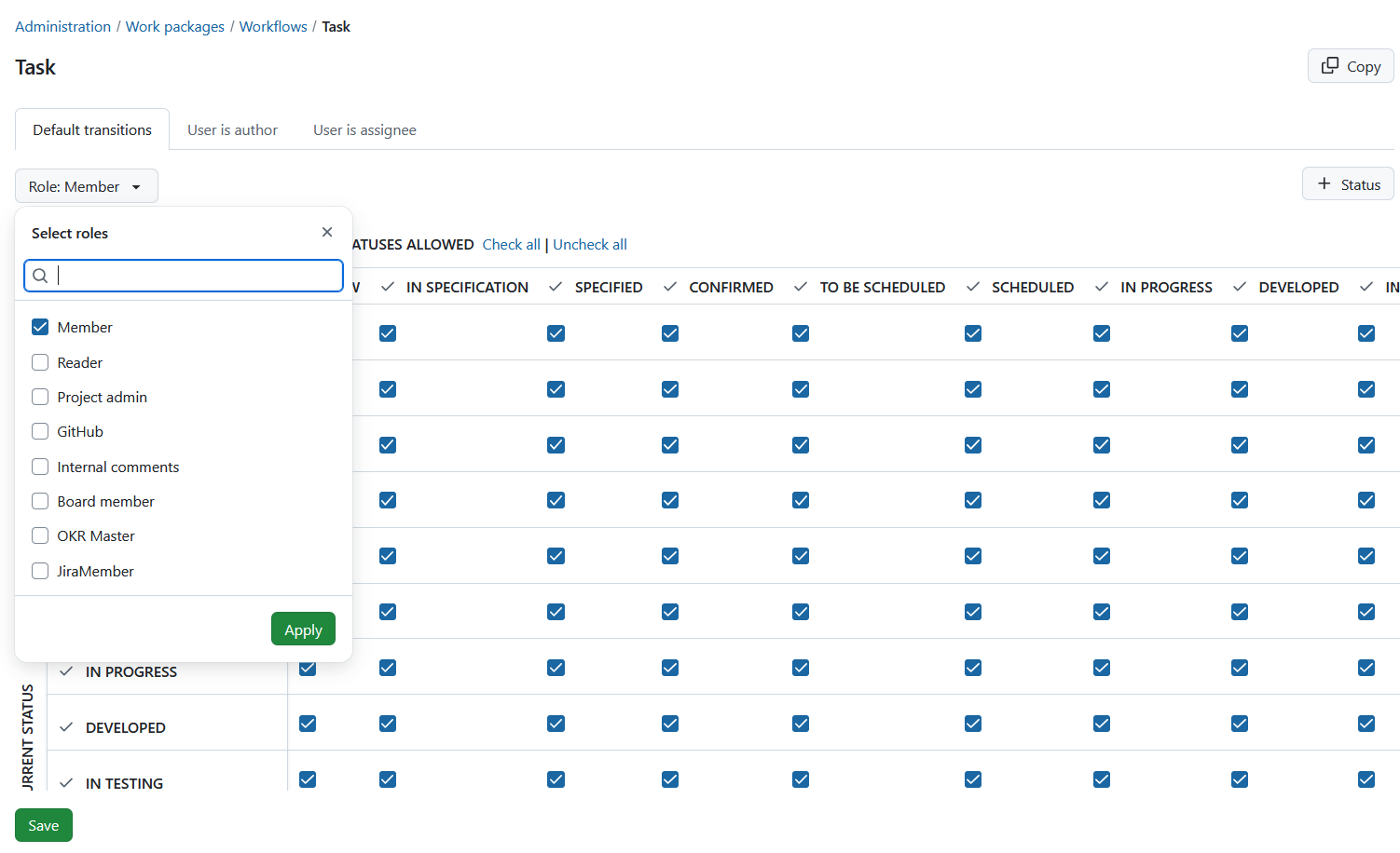 Tabs to select between default transitions, when the user is the author or when the user is the assignee