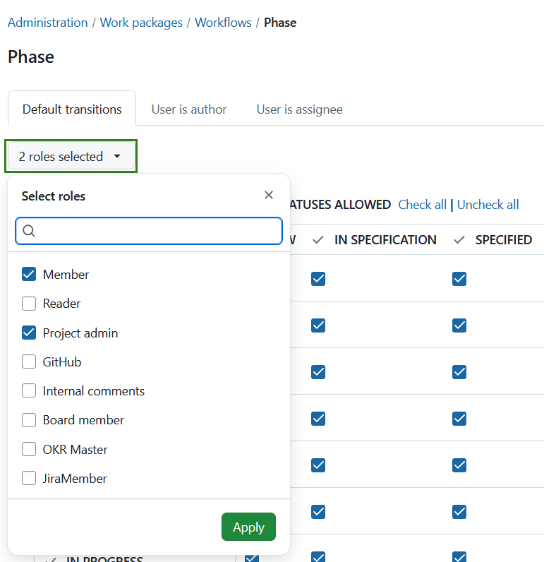 Panel to select roles for a work package type in default transitions