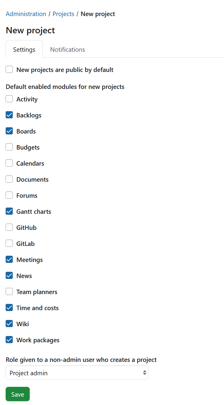 New project settings in OpenProject administration