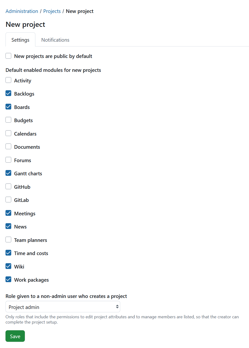 New project settings in OpenProject administration