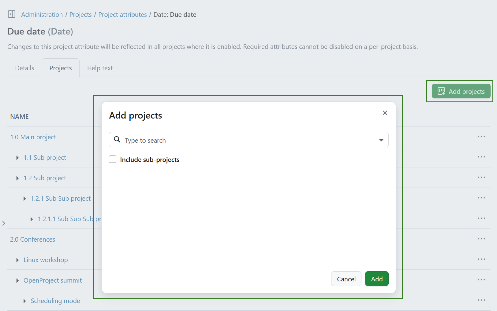  Configure which projects are activated for a project attribute in OpenProject administration