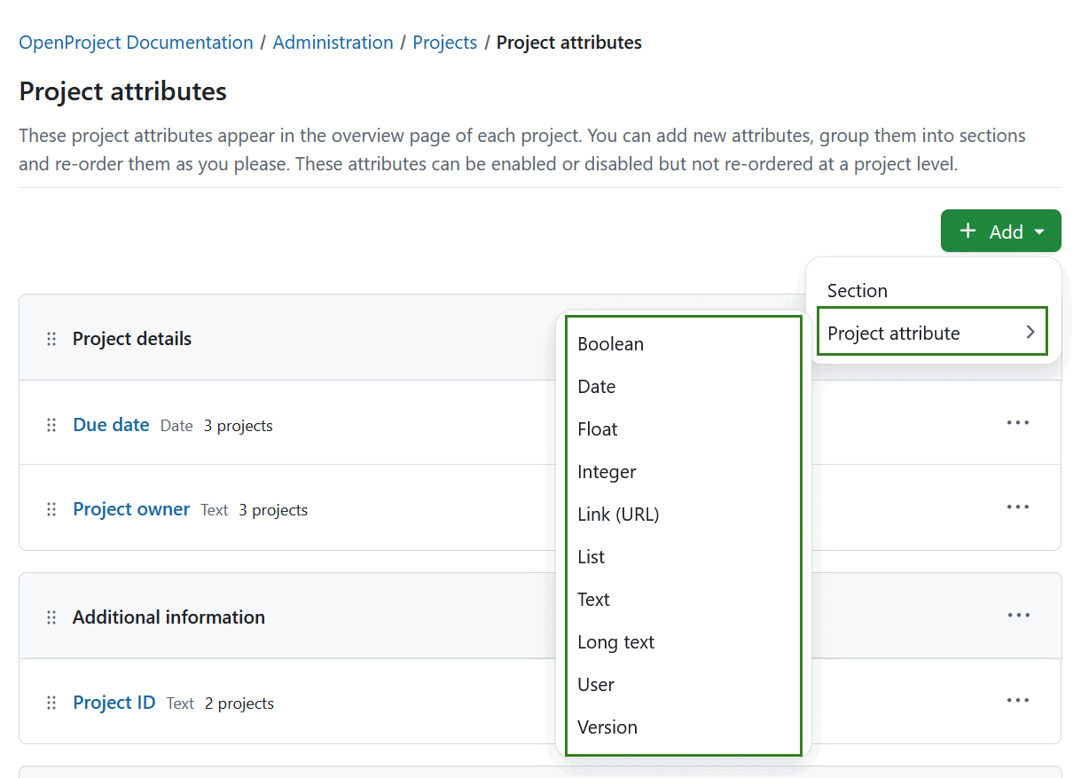 Create a new project attribute type in OpenProject administration