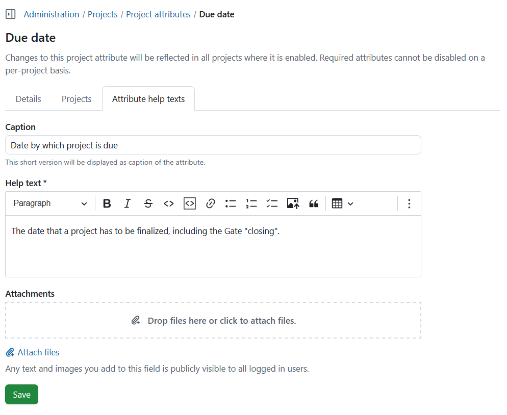 Project attribute detailed view, showing Attribute help texts tab in OpenProject administration