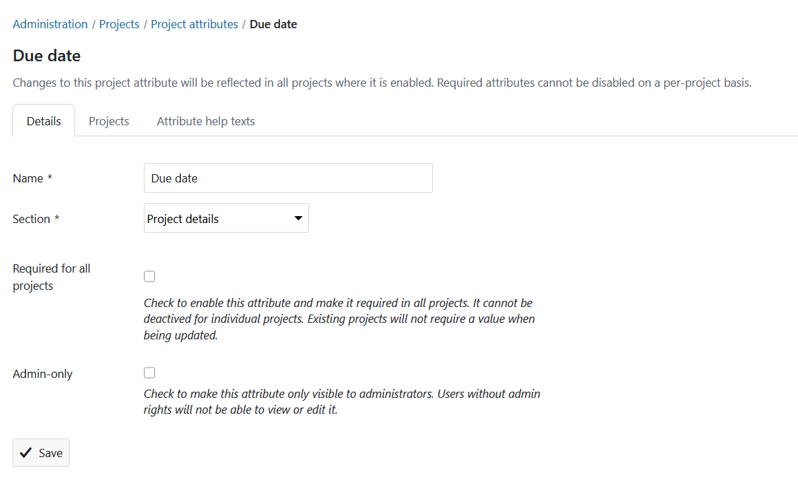 OpenProject project attribute details editing
