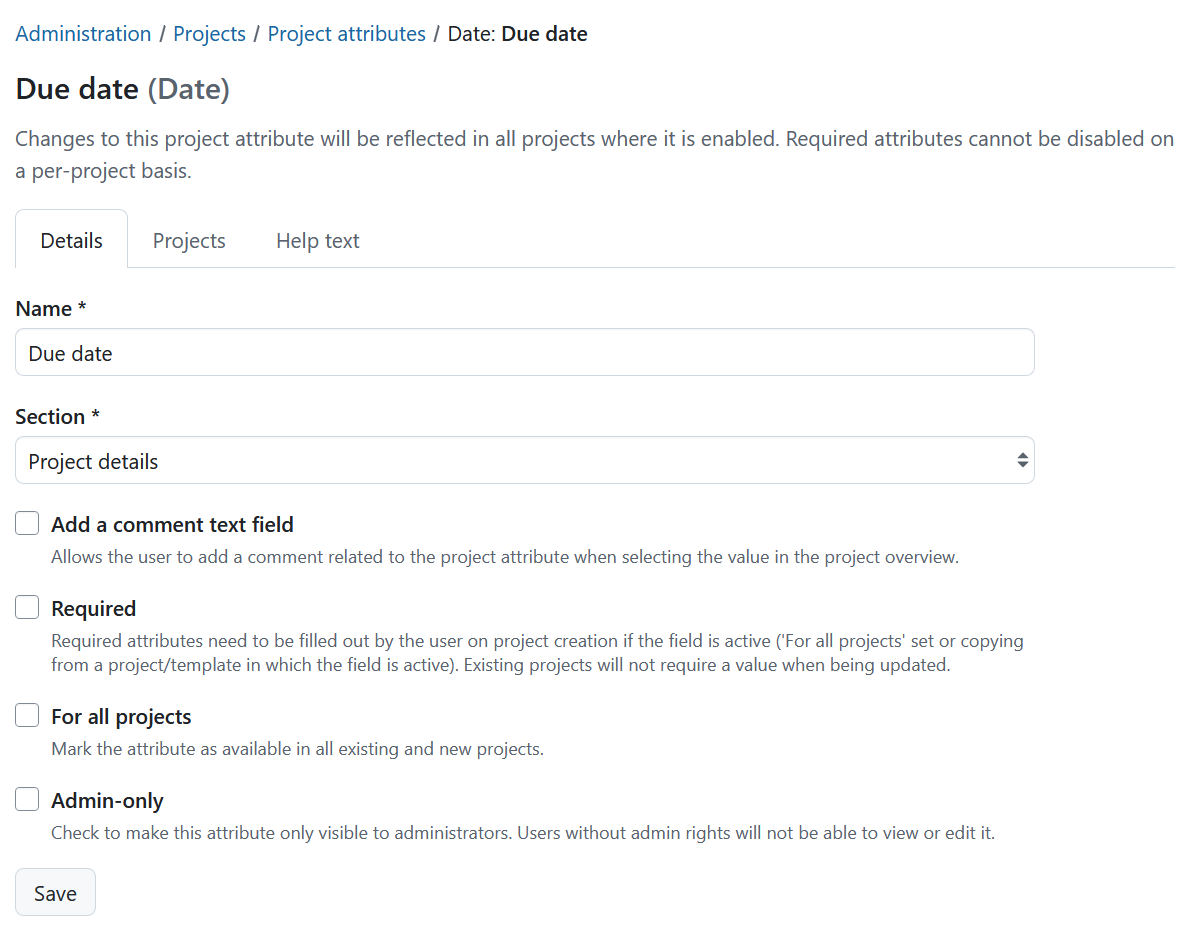 OpenProject project attribute details editing
