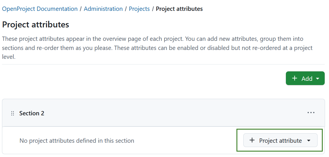 Add a new project attribute directly into an empty section in OpenProject adminstration