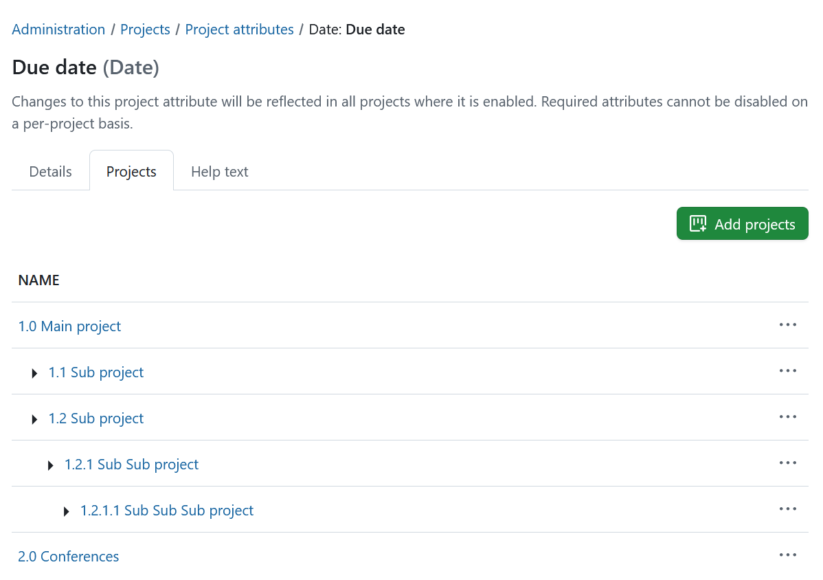 Project attributes enabled in projects list in OpenProject administration