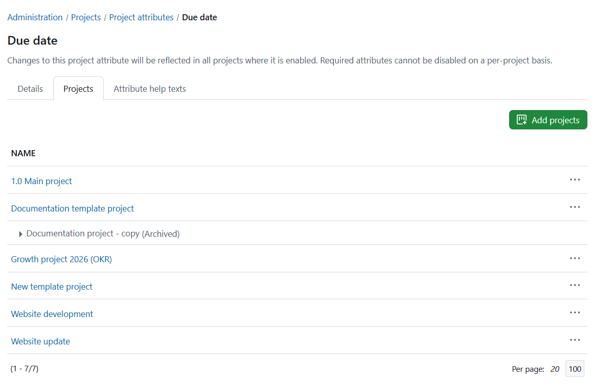 Project attributes enabled in projects list in OpenProject administration
