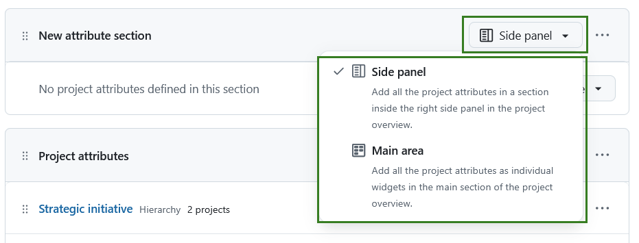 Select the position of project attribute section in OpenProject