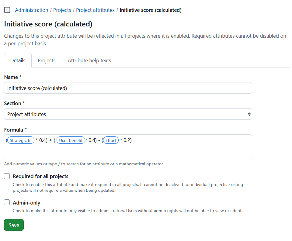 An example of a project attribute of type “Calculated value” in OpenProject administration