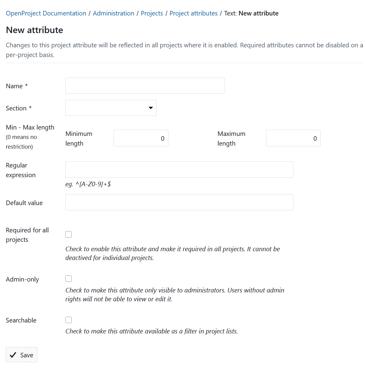 Create a new attribute form in OpenProject administration