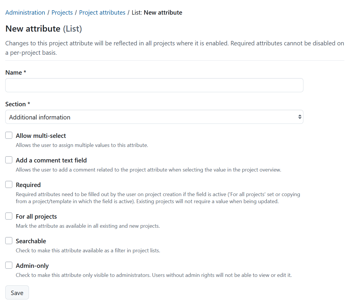 Create a new attribute form in OpenProject administration