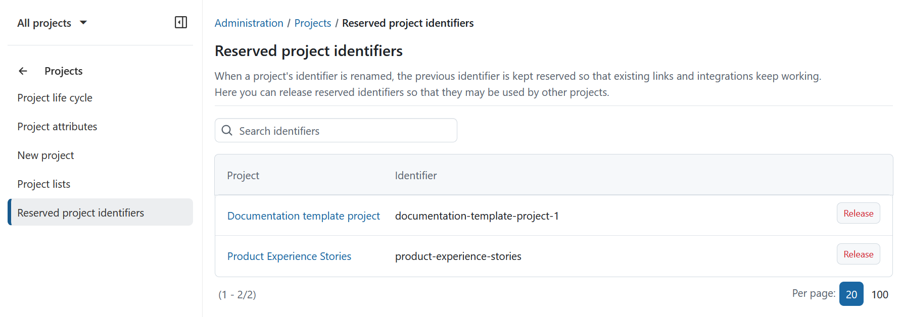 Reserved project identifiers in OpenProject administration