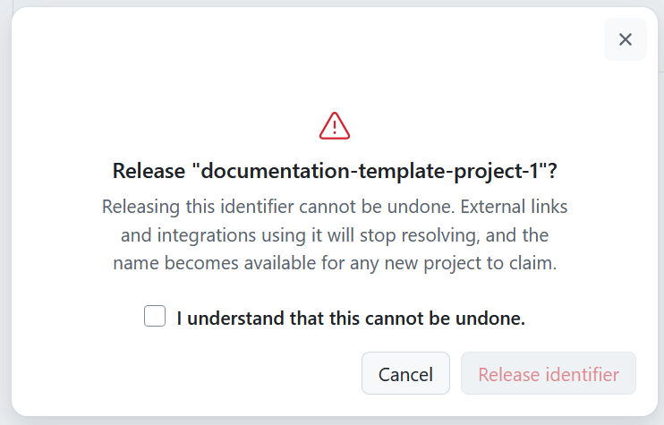 A warning message displayed when a reserved project identifier is released in OpenProject administration