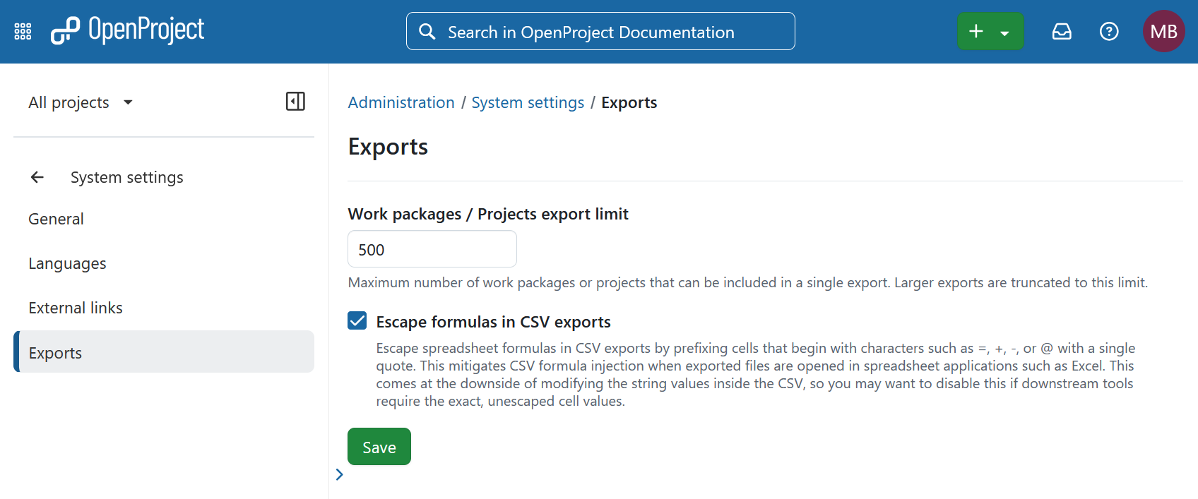Escape control characters in CSV exports under the Exports system settings in OpenProject