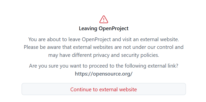 Example of a warning message for an external link in OpenProject