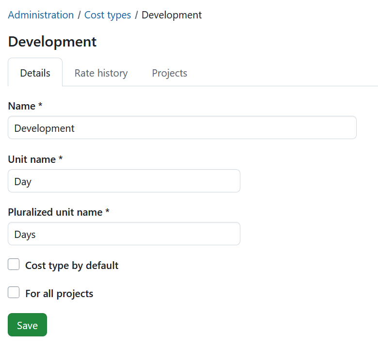 Details tab for editing a cost type in OpenProject administration
