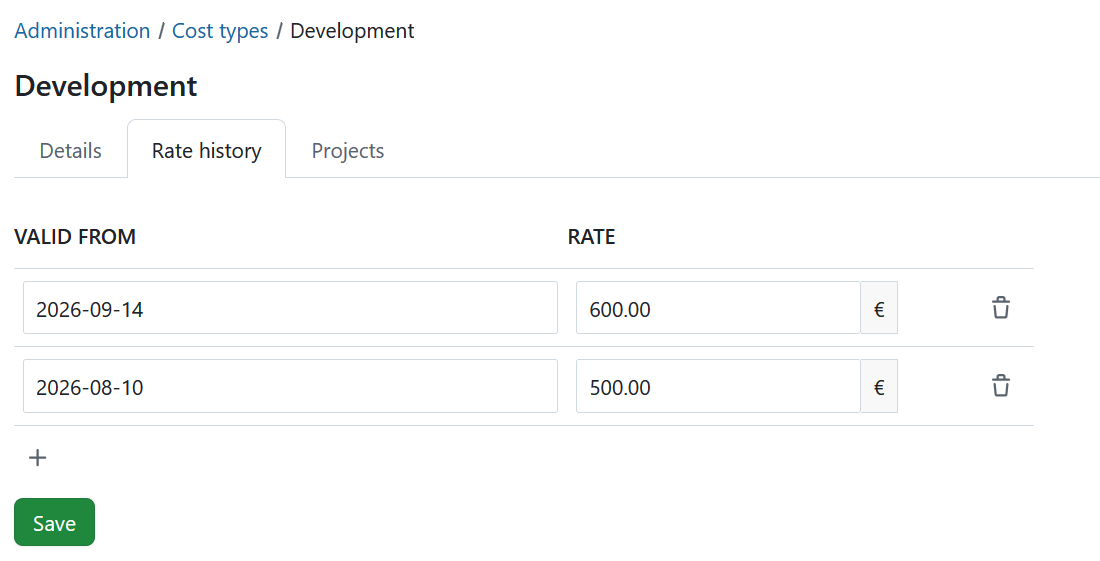 Rate history tab for managing cost type rates and their valid-from dates in OpenProject administration