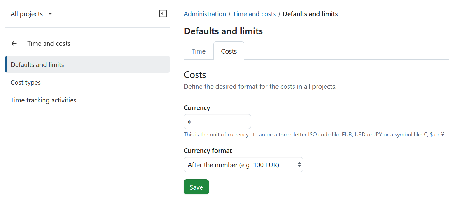 Time and costs settings in OpenProject administration