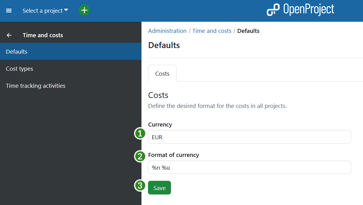 Time and costs settings in OpenProject administration