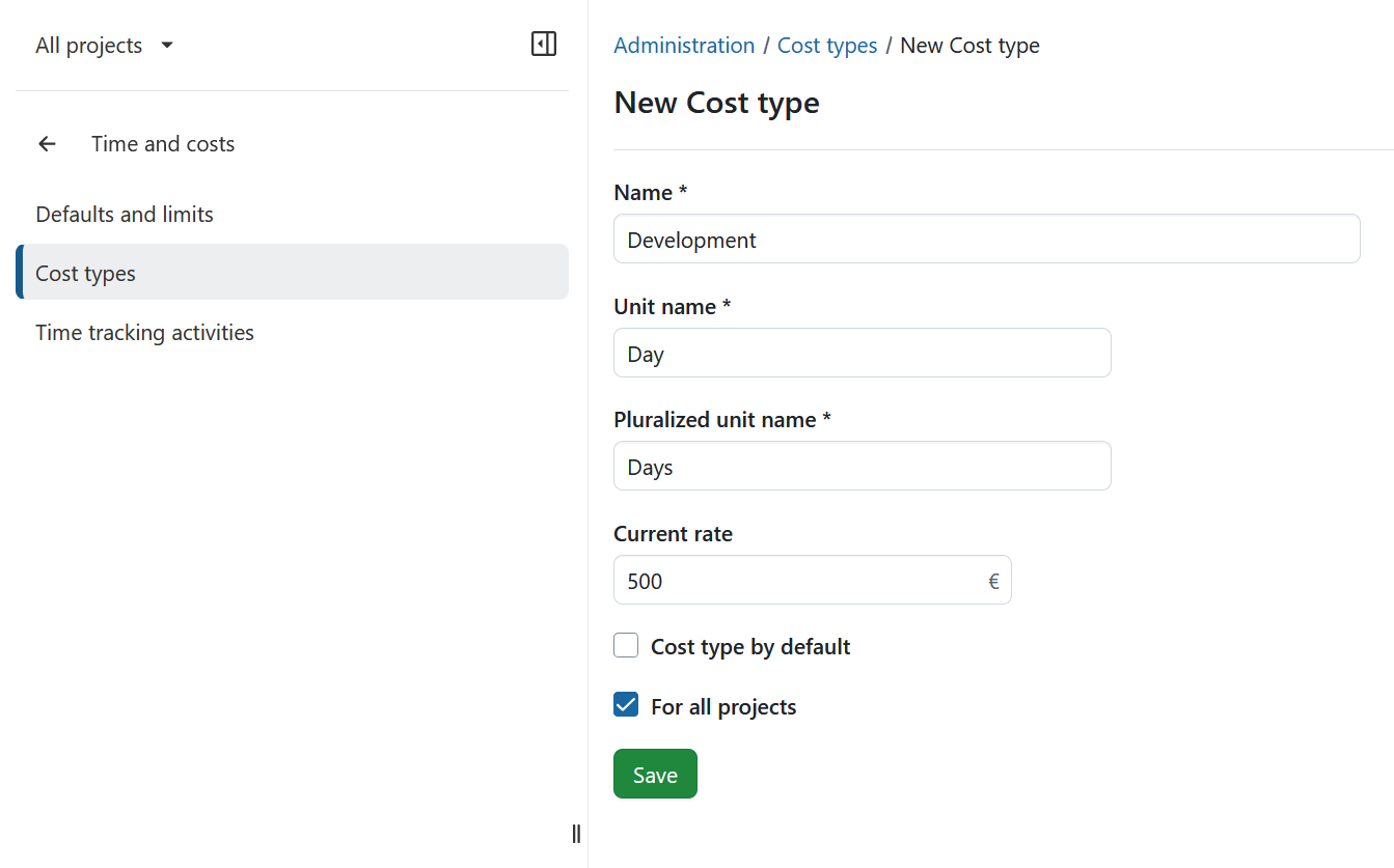 Create a new cost type in OpenProject administration